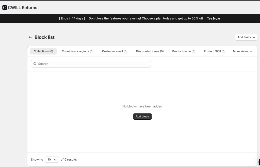Screenshot of CWILL Returns & Exchanges Block List